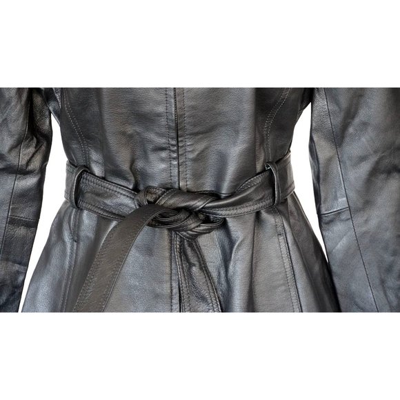 East 5th Black Leather Jacket Womens Size Petite Small Ties at Waist Zip Front - Picture 3 of 16